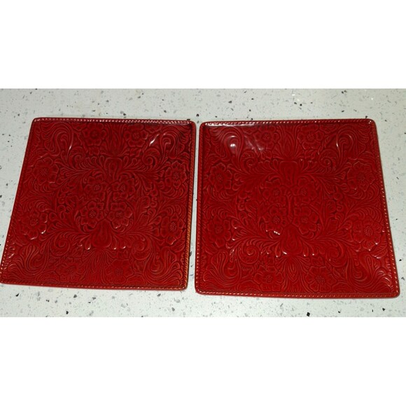 Rare HiEnd Accents Savanna Tooled Leather Look Salad Plates Stoneware  Set of 2 - Picture 8 of 9